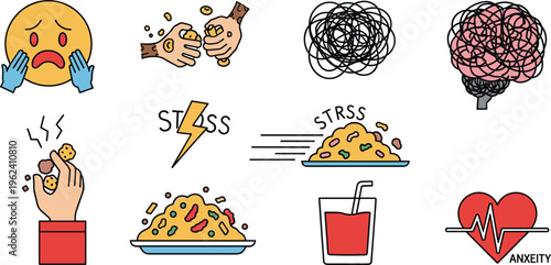 Stress and Emotional Eating Icon Set with Anxiety, Overeating, Rapid Food Consumption, Mental Overload, Stress Management, and Emotional Health Concepts