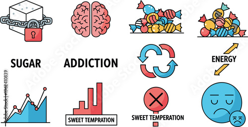 Sugar Addiction and Sweet Temptation Icon Set with Candy Piles, Energy, Emotional Response, Brain Craving, Data Analysis, and Eating Pattern Concepts
