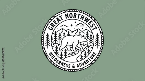 Great Northwest Wilderness Adventure Logo Design with Bear and Trees.