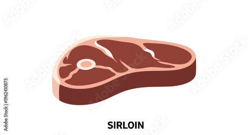 A flat illustration of a cooked meat cut. A cross-section of a sirloin, showing internal fat marbling, resting on a white background