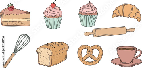 Colorful illustration of various tea cups and sweet baked goods