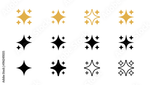 Various stylized starburst and star designs in gold and black color schemes for decorative use Vector