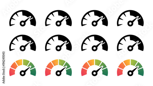Varied speedometer gauges with different needle positions and color schemes for visual performance metrics Vector