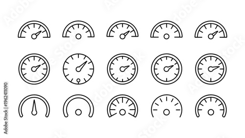 Collection of different speedometer and gauge designs showcasing various styles and needle positions Vector