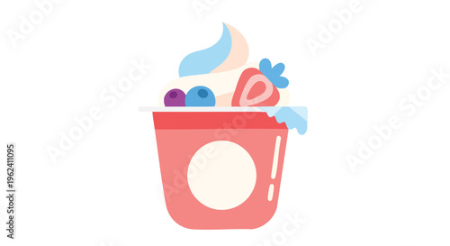 A colorful, flat illustration of a fruit cup. It shows a container of yogurt topped with a swirl and berries and a sliced strawberry