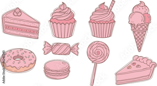 Pink sweet treats and desserts set