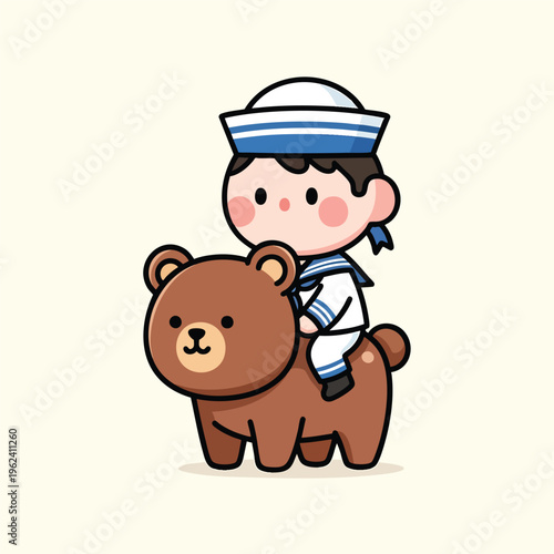A cartoon depiction of a small sailor riding a brown bear on a cream-colored background, wearing a traditional hat