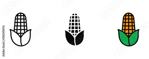 Fresh yellow corn on the cob with green husk for organic farming and harvest icon set. Sweet vegetable for healthy nutrition and grocery symbol. Vector Illustration.