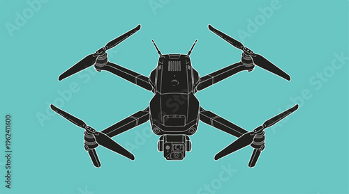 High-tech drone with four propellers on a turquoise background.