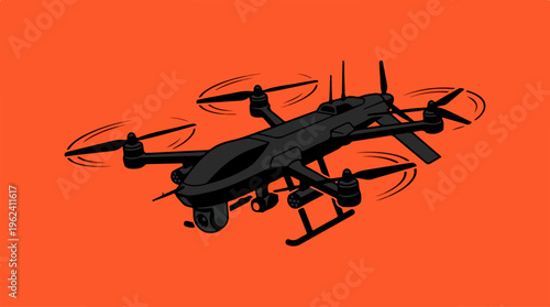 High-tech drone with multiple propellers on a vibrant orange background.