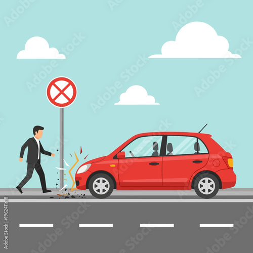 Man in Suit Hits Car into Signpost on Roadside