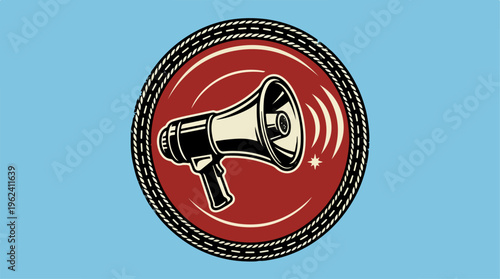 Illustration of a megaphone symbol with sound waves on a red background.
