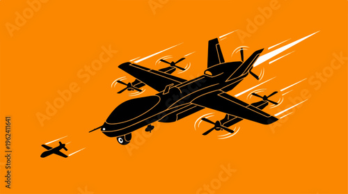 Illustration of a drone and smaller aircraft in flight against an orange background.