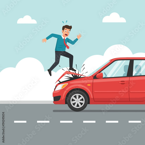 Man jumping over car hood after accident, shocked expression, road safety concept