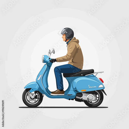 Man riding a blue vintage scooter wearing a helmet and jacket