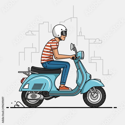 Man riding a blue vintage scooter in a city with skyscrapers in the background
