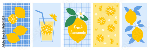 Lemonade graphics with lemons and slices on various patterns and backgrounds