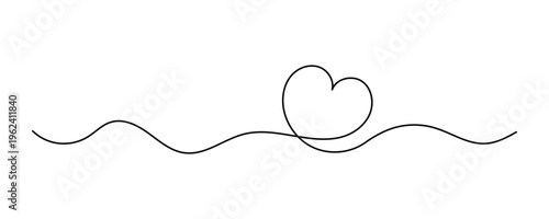 Line Heart Divider, Romantic Hand Drawn Wavy Border Vector, Simple One Line Swirl Decorative Ornament for Wedding Graphics and Love Themed Design