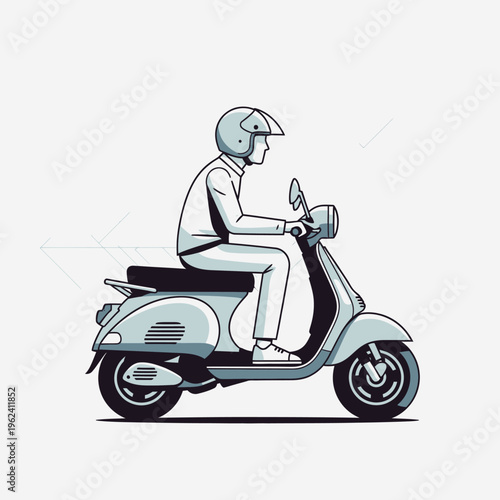 Man riding a scooter, wearing a helmet, side view, clean design, motion blur effect