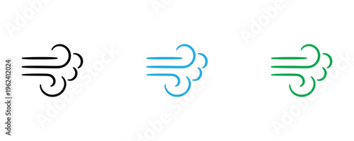 Cold wind blowing and fresh breeze weather icon set. Air flow movement and winter climate gust symbol. Vector Illustration.