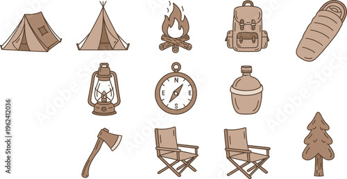 Camping icons set with tent fire axe and other travel elements