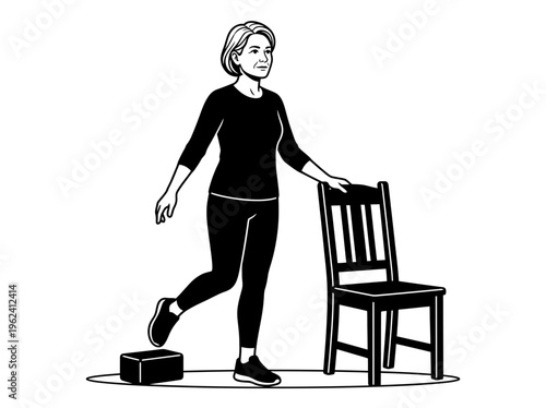 Woman doing balance exercise with chair for home fitness