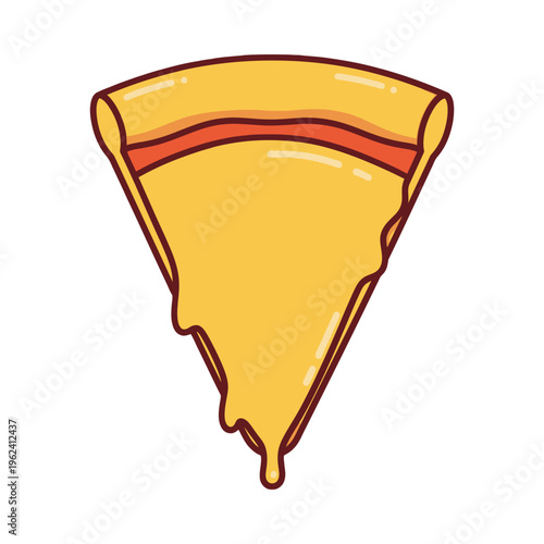 A cartoon slice of melted cheese pizza with a crispy crust on a white background