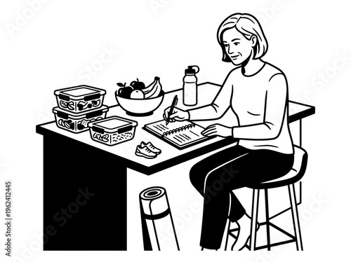 Woman planning wellness meals and healthy routine illustration