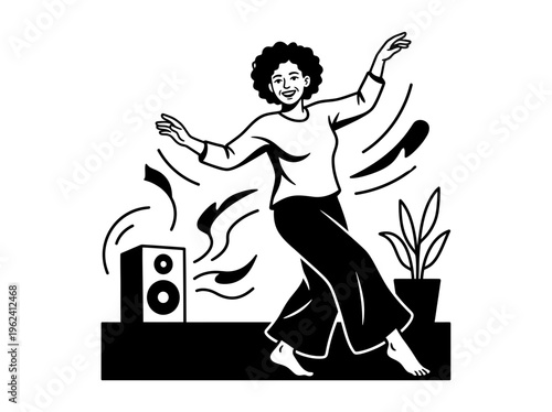 Woman dancing at home for joyful wellness movement illustration