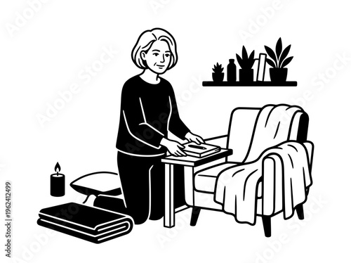 Woman creating relaxing home wellness ritual illustration