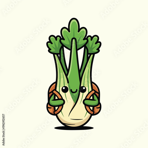 A cute cartoon-style illustration of a smiling celery stalk with leaves. It has two "pretzel-like" shapes for arms and is set against a cream background