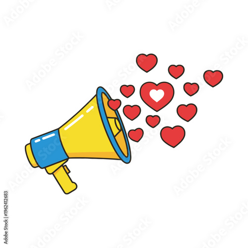A colorful cartoon megaphone spreading love and positivity with hearts