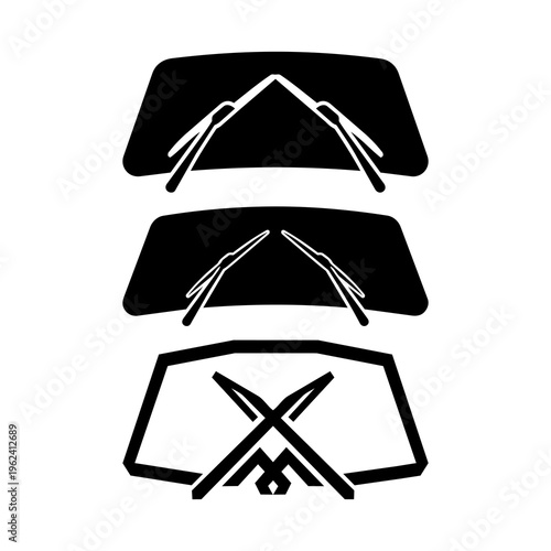 Modern Car Windshield and Wiper Blades Silhouette Vector Icons Set 