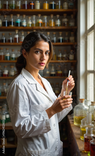 A vintage lab setting and a woman in white coat carefully drips oils into a glass. Female pharmacist or professional perfumer surrounded by wooden shelves filled with antique apothecary jars