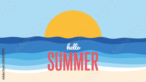 Hello summer greeting card with sun over ocean waves and sandy beach