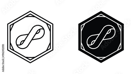 Contrasting infinity symbols within hexagonal borders in black and white variations