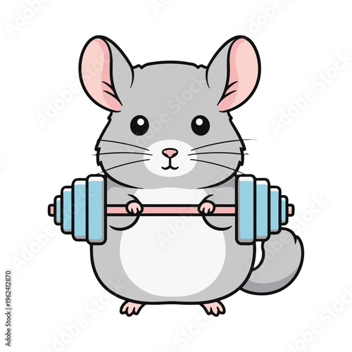 A cartoon chinchilla lifting weights with determination and strength in a playful and humorous illustration.