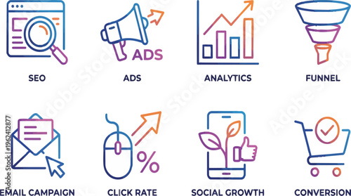 A colorful infographic featuring various digital marketing icons on transparent background