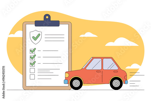 Car insurance checklist on clipboard with orange vehicle on white background