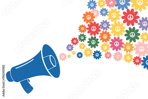 Blue megaphone with colorful peace sign flowers coming out