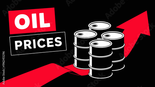 Oil prices increasing with red arrow and barrels graph