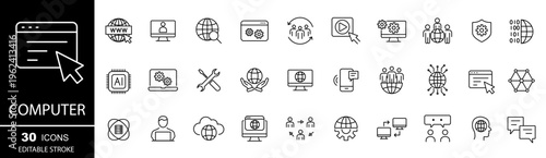 Internet computer web icons . Cyber security, internet connection, searching, data security, cloud network. Editable stroke. Vector illustration.