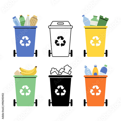 Colorful recycling bins with various waste materials on white background