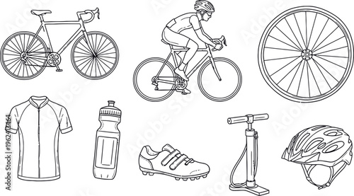 Cycling equipment and accessories line art