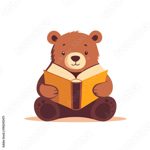 Cute Brown Bear Reading Book - Children's Illustration Graphic Vector. Happy Bear Learning, Educational Story Time for Kids, Bookworm Mascot Character on White Background [Vector]