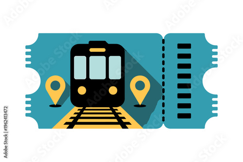 Train ticket with tram on railroad track and map location pins