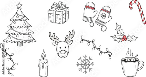 Christmas icons set with tree gift reindeer and winter elements