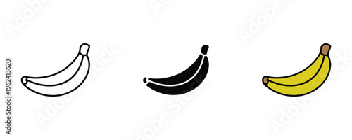 Yellow banana fruit and healthy organic tropical snack icon set. Fresh peel fruit and vegan nutrition symbol. Vector Illustration.