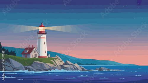 Lighthouse on rocky coastline with house and beam at dusk or dawn near ocean water