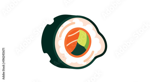 A single sushi roll rendered with simplified shapes and bold colors. A dark green exterior encircles white rice and orange fillings